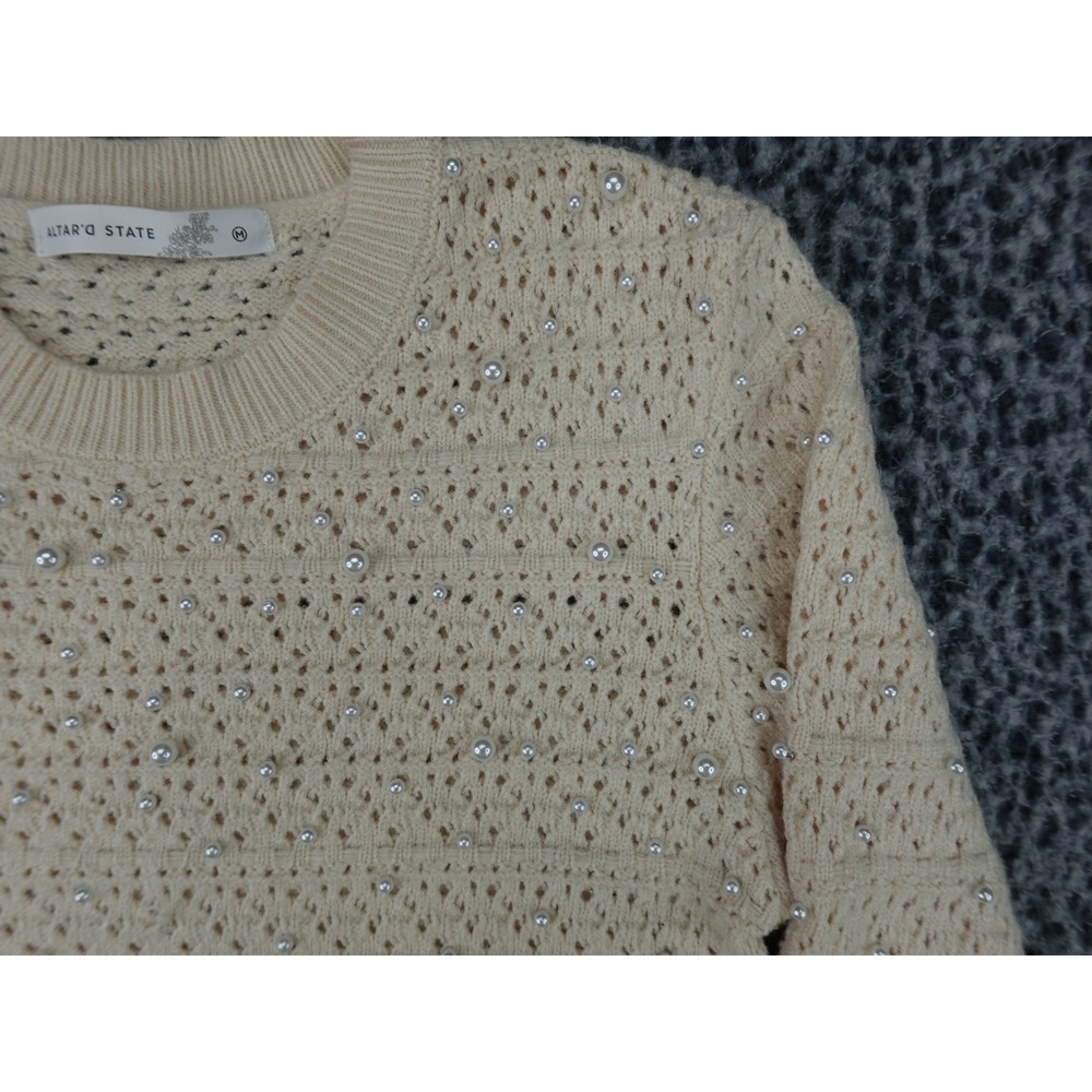 Altar'd‎ State Sweater Womens Medium Cream Pearl Pointelle Cropped Knit - Picture 3 of 11